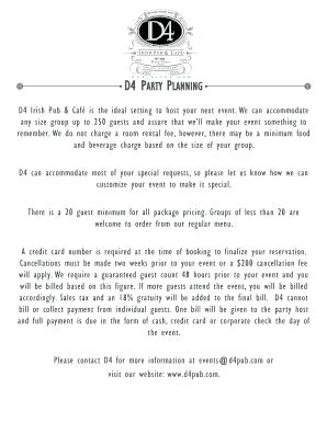 Fillable Online D4 Party Agreement form - D4 Irish Pub & Cafe Fax Email ...