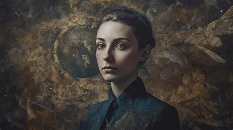 A portrait of a woman in a dark blue dress stands in front of a gold ...