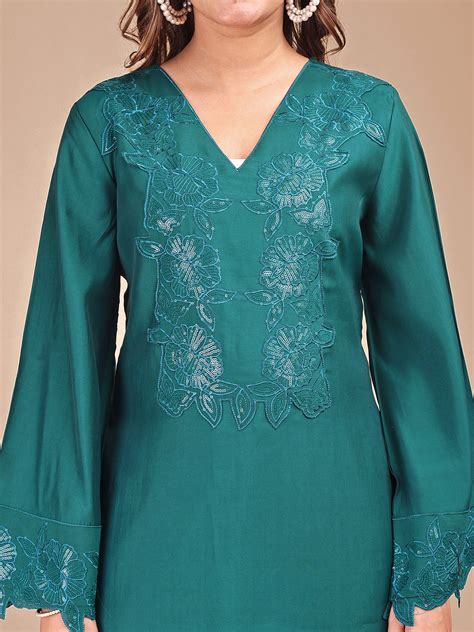 Teal Colored Tonal Embroidered Silk Blend Co-ord Set