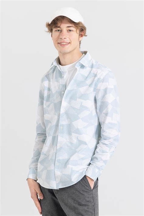 Buy Men's Abstract Patch Blue Seersucker Shirt Online | SNITCH