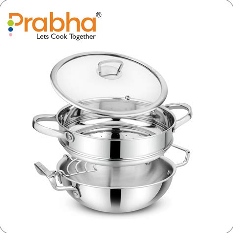 Stainless Steel Triply Elante Kadhai & Steamer With Glass with Lid – Prabha