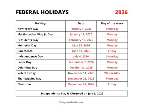 Días festivos en Estados Unidos 2026 para imprimir