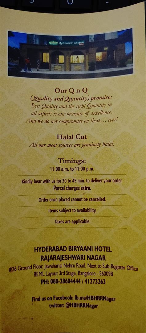 Menu at Hyderabad Biryaani Hotel, Bengaluru