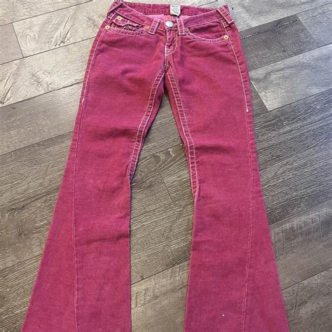 Pink/red corduroy true religion bootcut jeans... - Depop