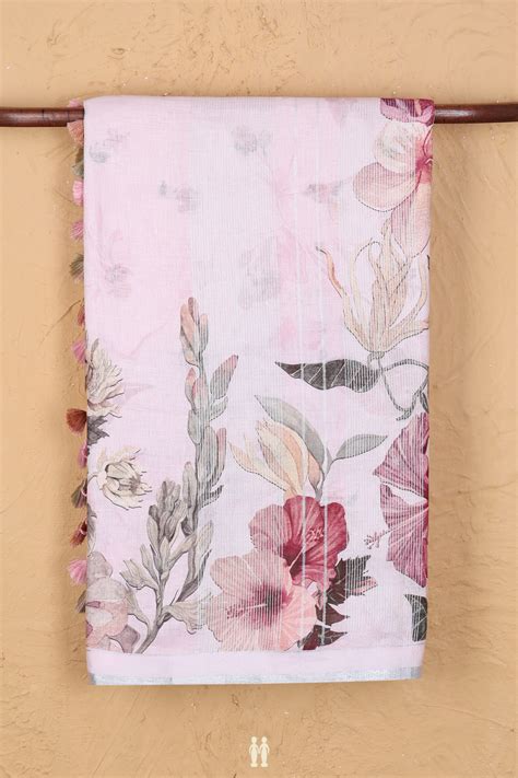 Linen Saree In Pink With Floral Design