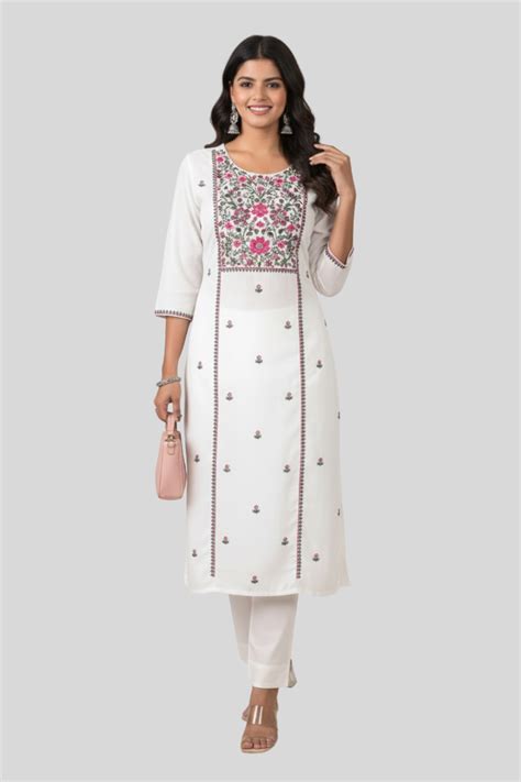 Women’s Embroidered Rayon Kurtha with Round Neck & 3/4th Sleeves | Bel