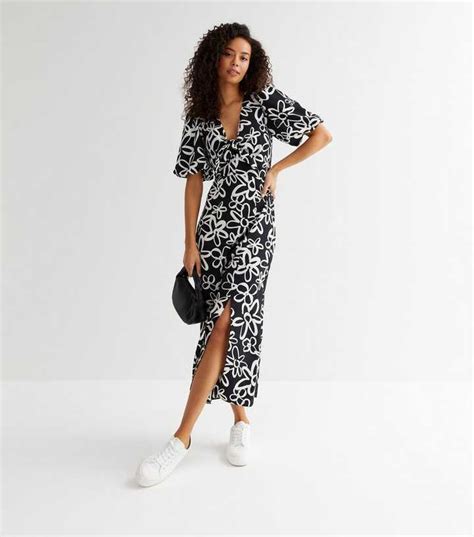 Tall Black Floral Tie Front Puff Sleeve Midi Dress | New Look