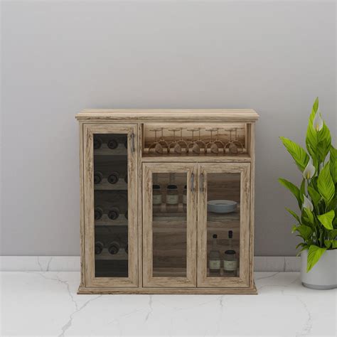 Rustic Wooden Bar Cabinet with 9-Bottle Wine Rack, 3 Glass Doors & Dis ...