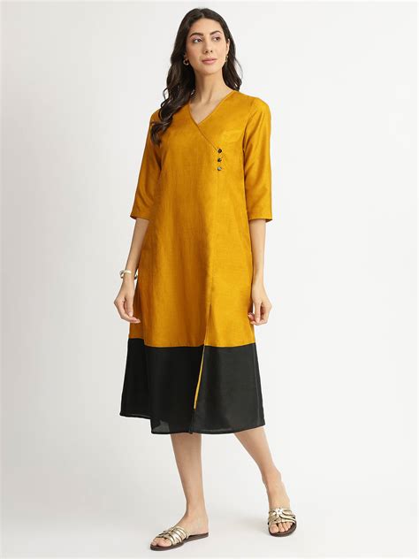 Buy Yellow & Black Colour Block Silk Blend A Line Dress Online | Pink Fort