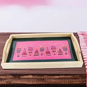 Indha Handcrafted Pine Wood Serving Tray – Fish Embroidery on Dupion ...