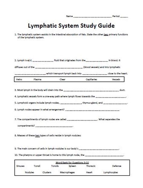 Image result for Lymphatic System Worksheet