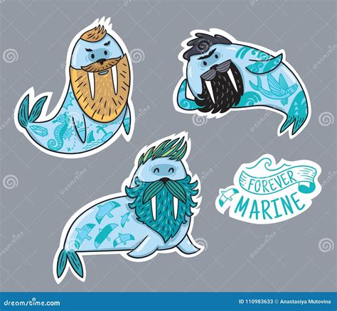 Animals Patch Collection of Hipster Walruses with Beards and Tattoos in ...
