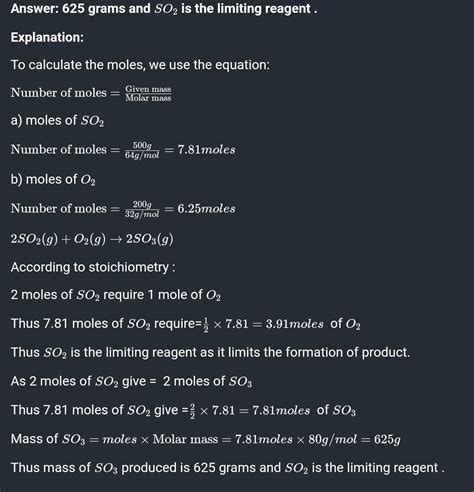 calculate the mass of so3 produced if 500 gram so2 reacts with 200g o2 ...