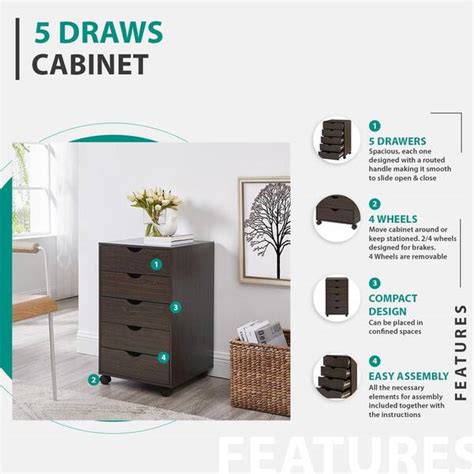 Buy 5 Drawers White Wood Storage Dresser with Wheels, Craft Storage ...