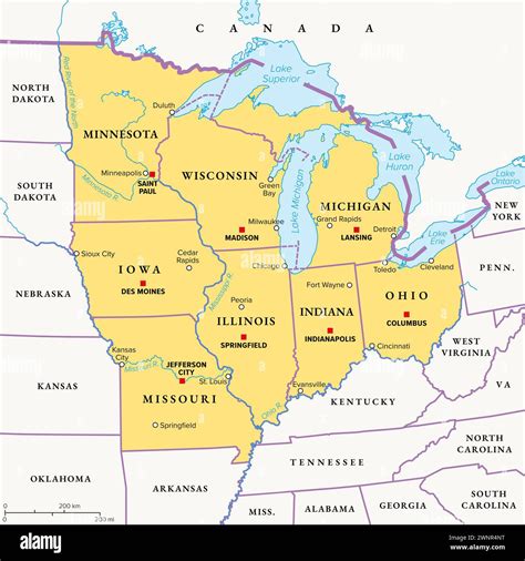 Map of Midwest USA with Cities