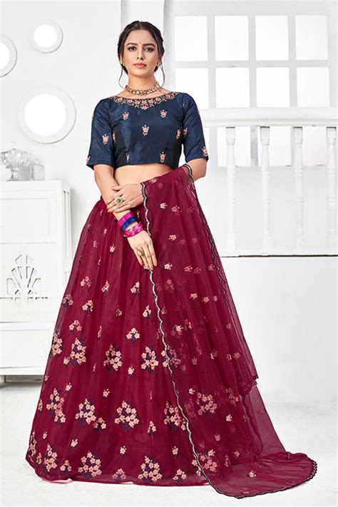 Maroon Net Embroidered Contrast Lehenga Choli Collection