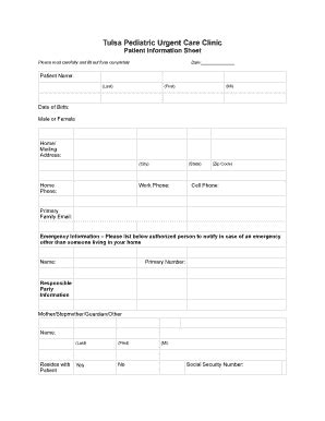 Fillable Online Tulsa Pediatric Urgent Care Clinic Patient Information ...