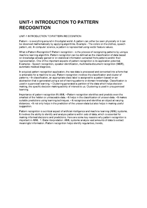 Unit 1: Introduction to Pattern Recognition in AIML - Studocu