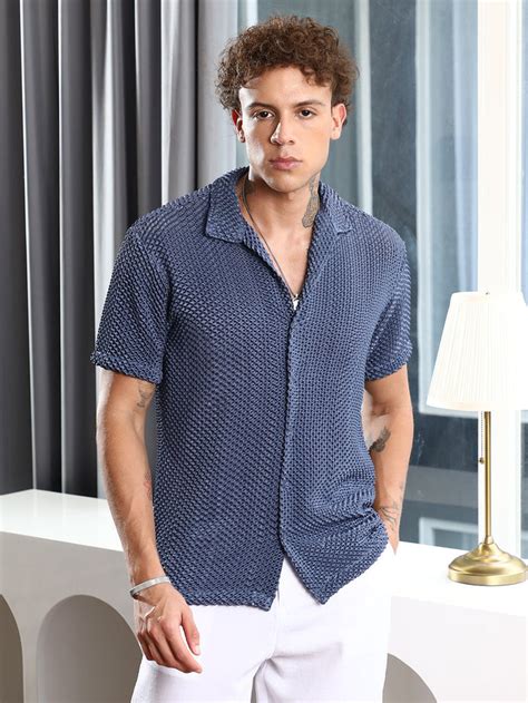 ₹899 | Campus Sutra men's Lapis Blue Puffy-Textured Shirt - Campussutra