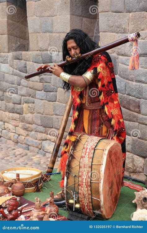Man in Typical Peruvian Clothes Playing Traditional Music for Tourists ...