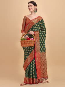 Buy Ethnic Junction Woven Banarasi Silk Blend Green Sarees Online ...