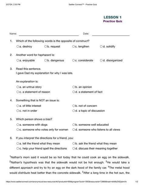 Sadlier Connect™ - Practice Quiz - 2/27/24, 2:33 PM Sadlier Connect ...