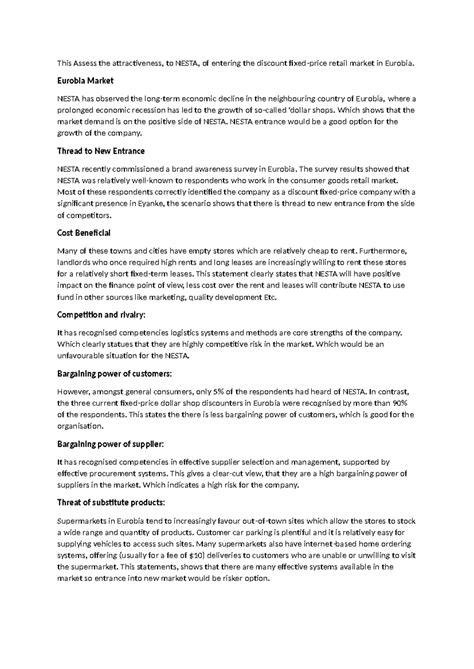 Weekly Test Answers: NESTA's Market Entry in Eurobia Analysis - Studocu