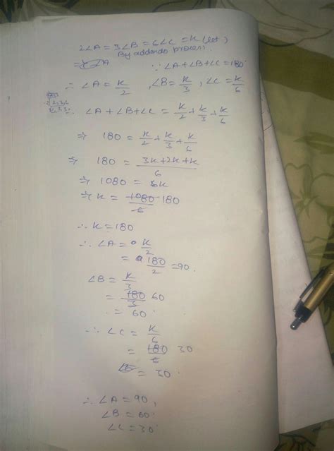 In a triangle abc , if 2 angle A = 3 angle B = 6 angle C , calculate ...