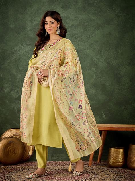 Pushti Women's Embroidered Yellow Silk Blend Straight Suit Set with Du ...