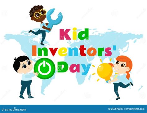 Kid Inventors Day.A Cute Boy Carries A Huge Yellow Light Bulb As A Symbol Of Invention And ...