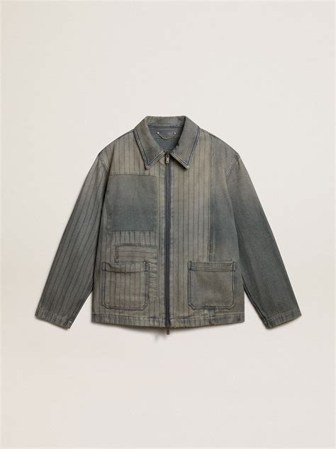 Men’s denim jacket with stripes and patches on the front | Golden Goose