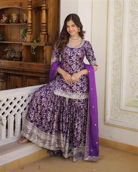 Wine Color Viscose Jacquard Three Piece Gharara Suit