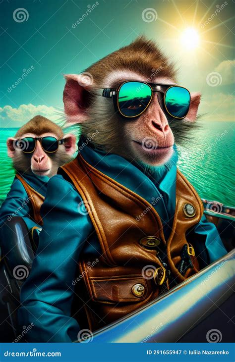 Funny Monkeys in Jackets and Sunglasses Traveling on a Yacht. AI ...