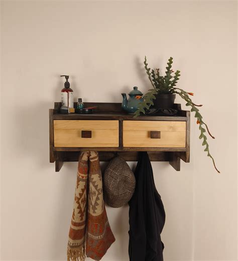 GOLDEN OAK Wooden Wall Shelf with Drawers & Key Holders | Home Decor by ...