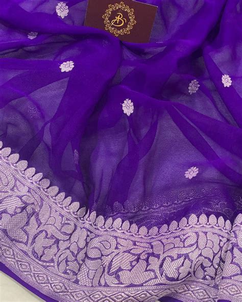 Purple Banarasi Handloom Pure Georgette Silk Saree - Aura Benaras