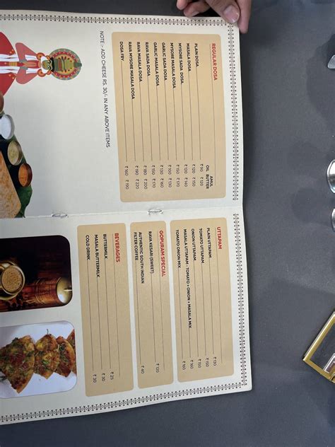 Menu at Gopuram Traditional South Indian, Rajkot