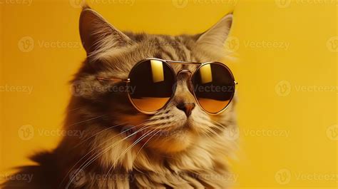 funny studio shot of cool cat wearing sunglasses on yellow background ...