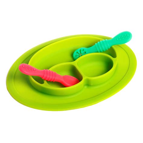 Baby Food Oval Tray - Silicon Plate with Multiple Compartments & Two S ...