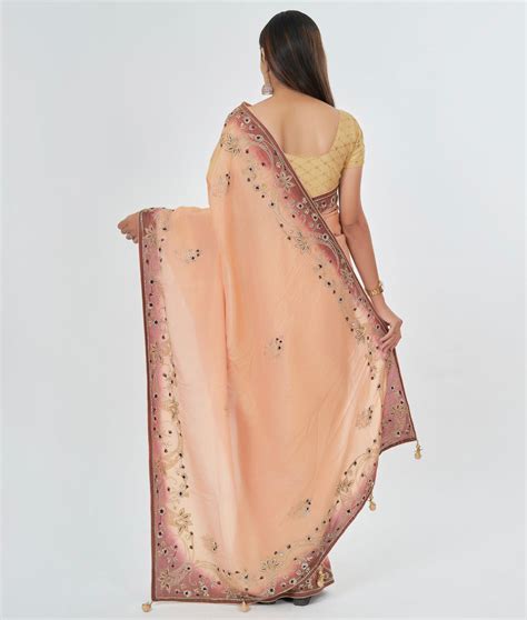 Peach Tissue Saree Sequence With Cutdana And Zardosi And Pearl Work ...