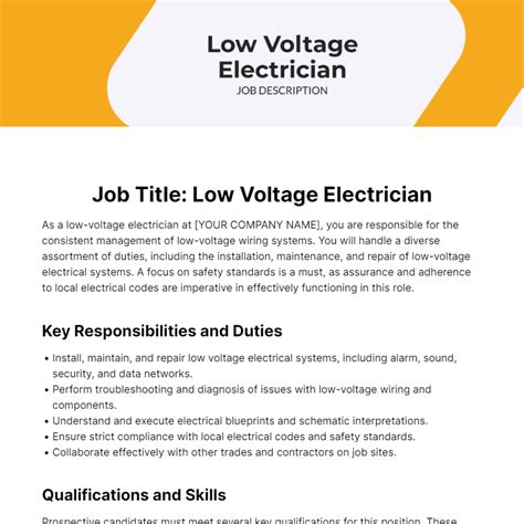 Free Low Voltage Electrician Job Description Template to Edit Online