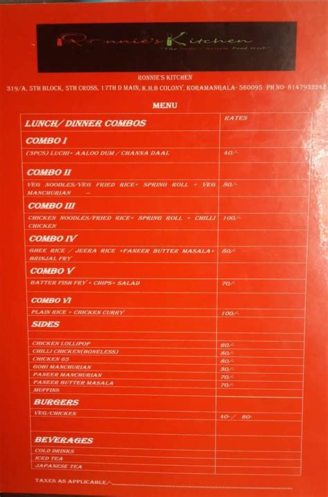 Menu at Ronnie's Kitchen, Bengaluru