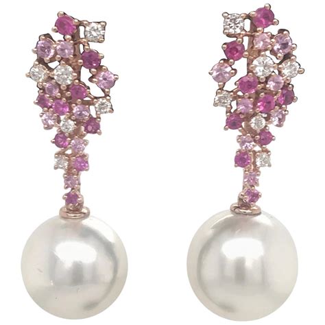 Pink Sapphire Ombree Diamond South Sea Pearl Drop Earrings 166 Carat 18 ...
