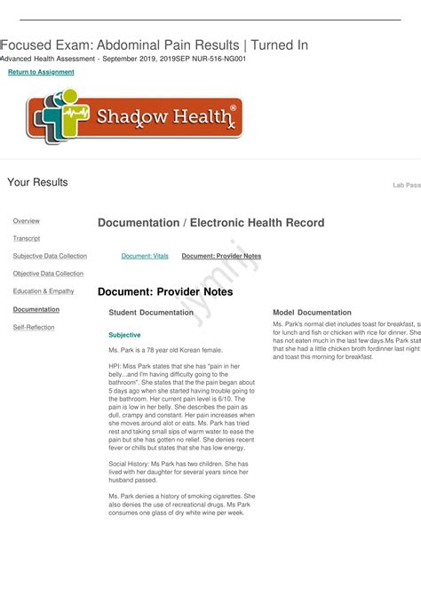 Focused Exam Abdominal Pain |Documentation - Shadow health|abdominal ...