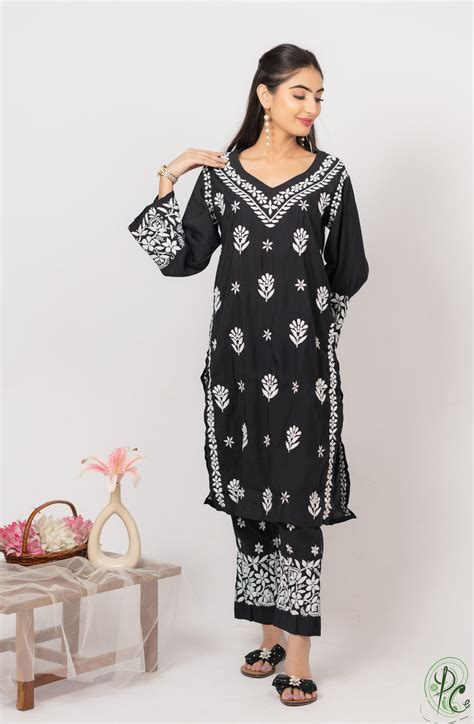 Hand Embroidery Chikankari Muslin Kurta Pant set - Black – Paridhan ...