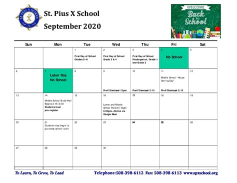 St Pius Calendar