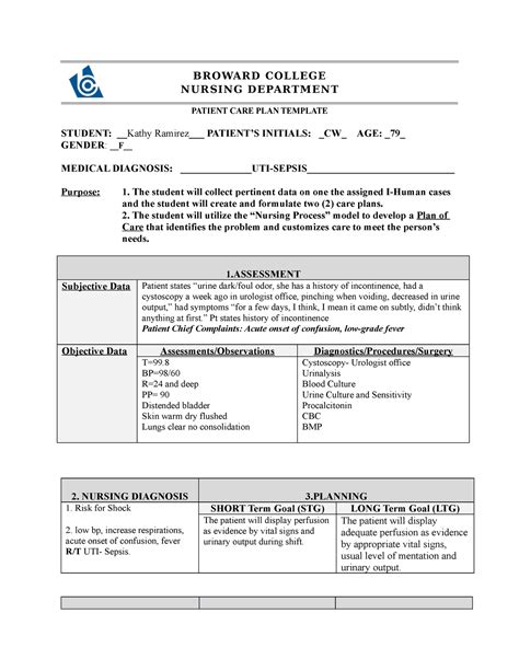 Urinary Tract Infection leading to Sepsis Care plan - BROWARD COLLEGE ...