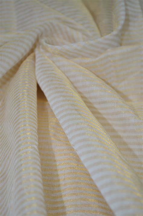 Handloom Pure Silk Chanderi Tissue Golden Zari Based Striped Fabric ...