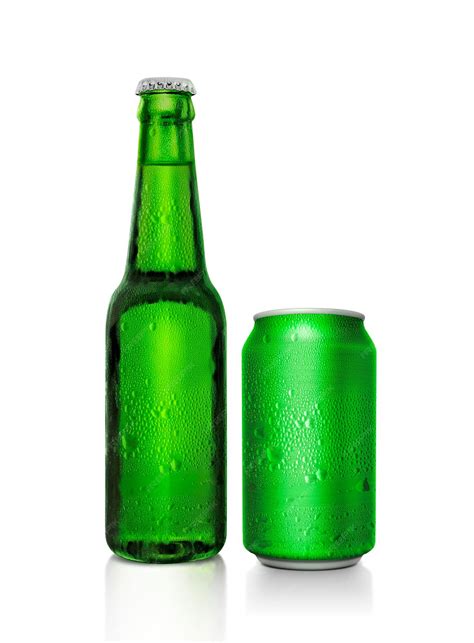 Premium PSD | Green beer bottle and green beer can with water droplets ...