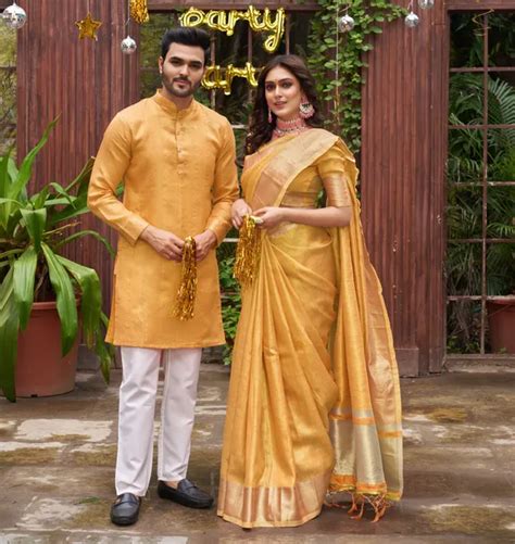 Archittam Sumitra Gold Yellow Couple Set Saree and Kurta Price in India ...