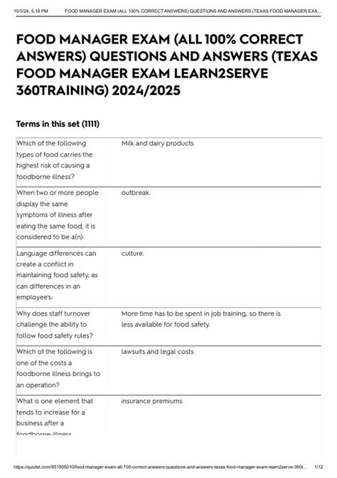 FOOD MANAGER EXAM (ALL 100% CORRECT ANSWERS) QUESTIONS AND ANSWERS ...